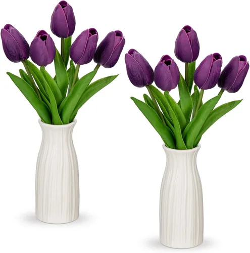 Briful Paquete de 2 tulipanes artificiales de flores sintéticas con jarrón de cerámica, tulipanes morados de espuma de polietileno, arreglo floral
