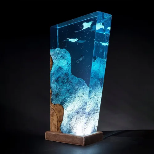 Miniatura 3 de Manta Rays, Diver, Scuba Resin Wood Lamp, Manta Rays Gift, Ocean Theme Diorama, Manta Rays Lamp, Ocean Lamp, Diver Lamp, Stringray Night Light Large