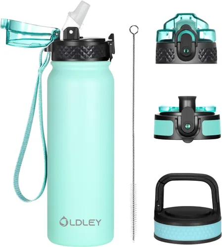 Miniatura 45 de Botella de agua aislada Oldley de 12 oz con pajita, botella de agua de acero inoxidable con 2 tapas, botellas de doble pared con vacío para adultos
