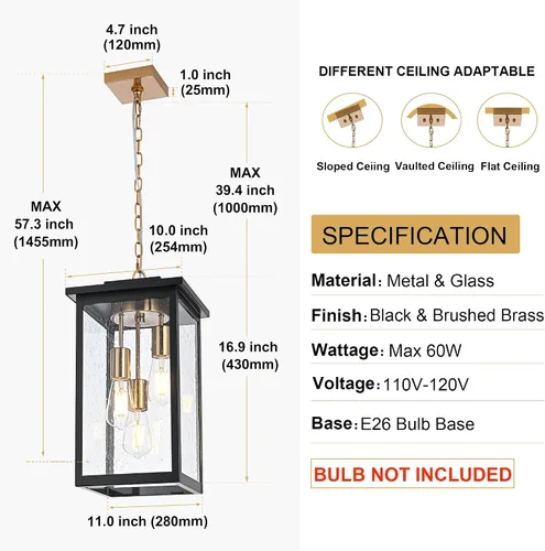 Miniatura 87 de TODOLUZ Lámpara Colgante de Exterior de 3 Luces Negra, Linterna Colgante Exterior Ajustable Luz de Porche