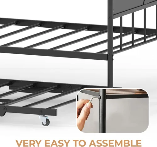 Miniatura 7 de IDEALHOUSE Sofá cama individual de metal con nido desplegable, cama de plataforma de listones de acero resistente con cabecera elegante, marco