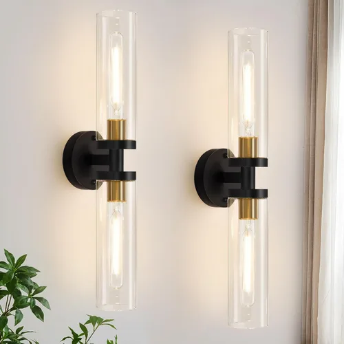 Miniatura 19 de Juego de 2 apliques de pared, apliques de baño de níquel cepillado cableados con vidrio transparente, apliques modernos para decoración de pared