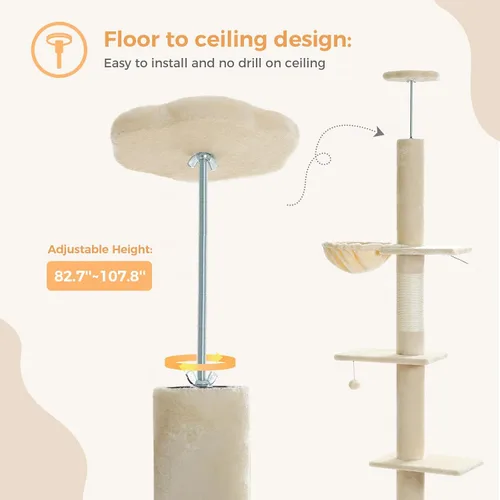 Miniatura 7 de PETEPELA Árbol para gatos de piso a techo, torre alta para gatos de varios niveles, altura ajustable [83 a 108 pulgadas], poste rascador para gatos