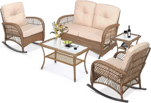 Miniatura 37 de MEETWARM Juego de 3 piezas de mimbre giratorio para patio al aire libre, mecedoras, juegos de muebles de patio de ratán con cojín grueso y mesa
