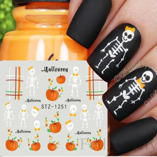 Miniatura 3 de Calcomanías de arte de uñas de Halloween, calcomanías de transferencia de agua, 12 unidades, calabaza, esqueleto, araña, fantasma, hoja de arce