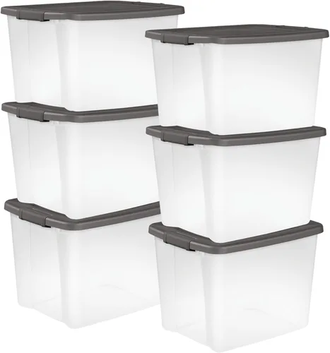 Sterilite Paquete de 6 contenedores de almacenamiento de plástico transparente con tapas, 50 cuartos de galón, color gris, cajas organizadoras