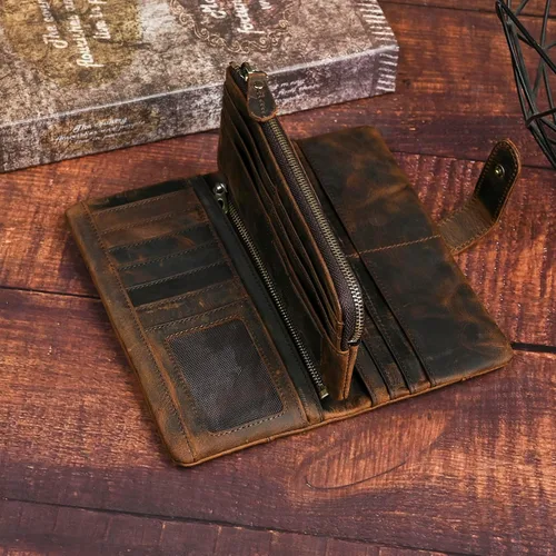 Miniatura 20 de Genuino Caballo Loco Cuero Regalo de Viaje Moneda Bolsillo Tarjetero Organizador Largo Cadena Rfid Cartera Monedero Con Broche Para Hombres Hombres