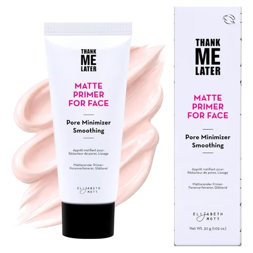 Elizabeth Mott Thank Me Later - Prebase de maquillaje matificante para control de brillo y grasa, minimiza los poros, oculta líneas finas y arrugas,