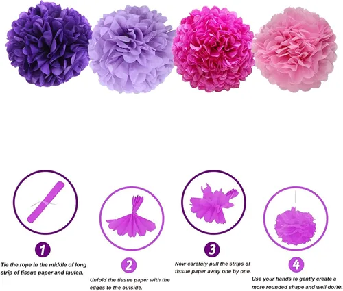 Miniatura 3 de We Moment Pompones de papel de seda morado y rosa para decoración de fiesta de niñas en el techo, para colgar en la pared, 12 pompones de seda de 4