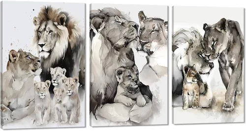 Miniatura 40 de 3 piezas modernas de lienzo de león de animales salvajes, pinturas de retratos de familia de leones, decoración de pared, obras de arte de sala