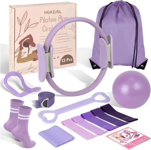 Miniatura 13 de Kit esencial de anillo de pilates para mujer, equipo de entrenamiento en casa con pelota de 9.8 pulgadas, bandas de resistencia, círculo mágico, Azul