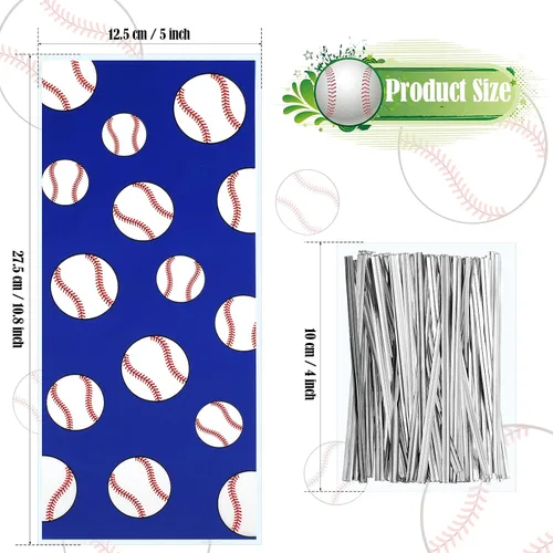 Miniatura 2 de Outus 100 bolsas de celofán de béisbol para regalo de béisbol, bolsas de plástico para golosinas deportivas, bolsa de aperitivos con lazos Azul