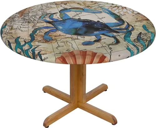 Miniatura 2 de Mantel ajustable con temática náutica con diseño de cangrejo, mapa de vida costero azul del océano, borde elástico, cubierta impermeable y lavable
