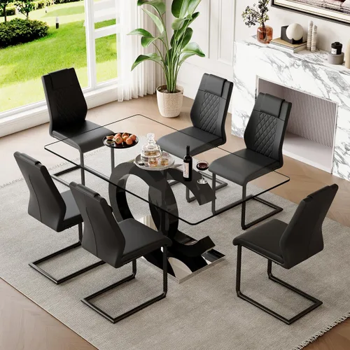 Miniatura 22 de gopop Mesa de comedor de cristal de 63 pulgadas, mesa de cocina moderna, mesa de comedor de vidrio transparente con patas de diseño único negro