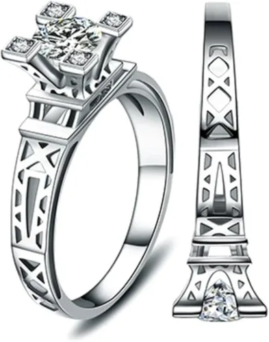Miniatura 2 de Anillo de oro blanco estilo solitario Torre Eiffel con AAA redondo cúbico de cristal de circón de boda anillo de compromiso joyería de moda