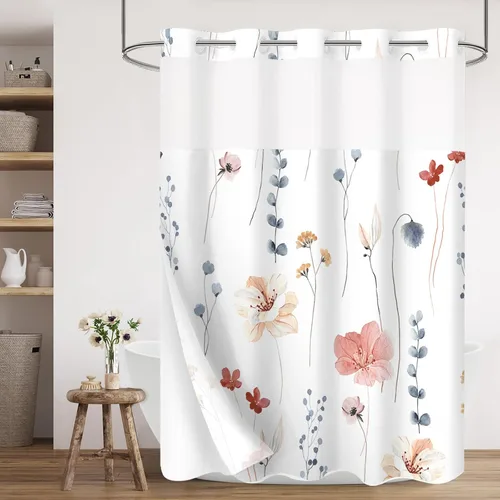 Miniatura 10 de Gibelle Juego de cortina de ducha pequeña sin gancho con forro de tela a presión, 36 x 74 pulgadas, cortina de ducha de flores azules y beige