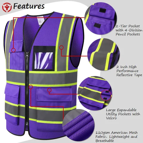 Miniatura 3 de Chaleco de seguridad reflectante de alta visibilidad para hombres y mujeres con bolsillos y cremallera frontal, cumple con los estándares ANSI/ISEA