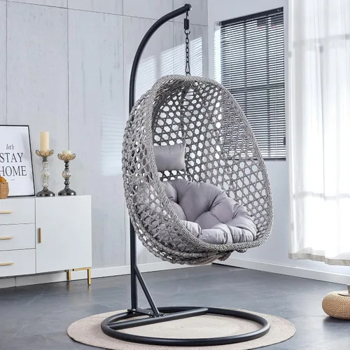 Miniatura 10 de Swining - Silla de huevo con soporte, sillas colgantes de mimbre de ratán para huevos, silla columpio para patio con cojín resistente a los rayos