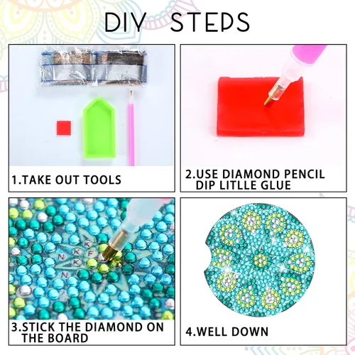 Miniatura 7 de Sinmoe 4 posavasos de auto con diseño de mandala, para bebidas, kit de pintura de diamantes, estilo mandala para adultos, principiantes, suministros