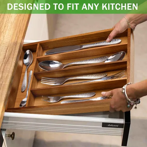 Miniatura 4 de Greenual Organizador de cubiertos de madera de acacia de 10 pulgadas, organizador de utensilios de cocina, bandeja para cajón y cubiertos