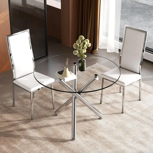 Miniatura 3 de Moderno juego de mesa redonda de cristal para 2, juego de mesa de cocina de círculo pequeño de 36 pulgadas con 2 sillas de comedor de piel sintética