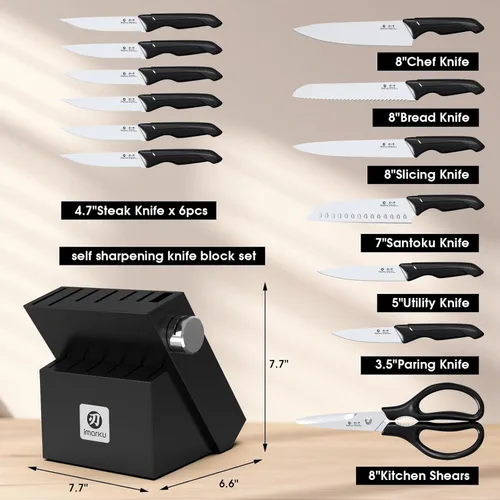 Miniatura 6 de imarku Juego de cuchillos con bloque, juego de cuchillos afilados con afilador integrado, juegos de cuchillos de cocina de acero inoxidable con Negro