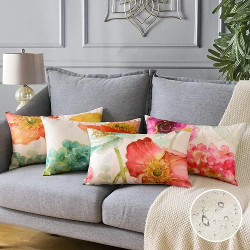 Miniatura 2 de Artscope Juego de 4 fundas de almohada impermeables de 12 x 20 pulgadas, con patrón de hortensias y loto, perfectas para exteriores, patio, jardín