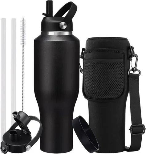 Miniatura 32 de Botella de agua de acero inoxidable de 32 onzas, frío-48 horas y caliente-24 horas, termo con popote y tapas de boquilla, bolsa, botella aislada al