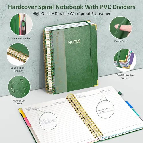 Miniatura 3 de Cuaderno de tapa dura en espiral, diario de 20.3 x 25.4 cm, grandes cuadernos B5 con divisores extraíbles y pestañas, 300 páginas, cuaderno de cuero