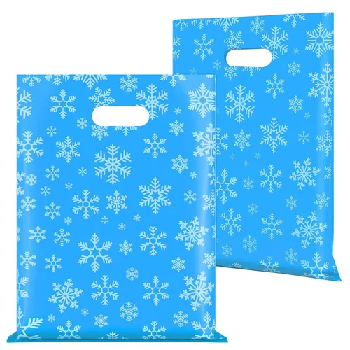 Ruisita Paquete de 100 bolsas de plástico para mercancía de copos de nieve de 12 x 15 pulgadas, con asas, troqueladas, reutilizables, a granel, para