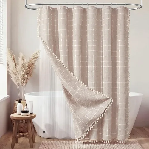 Miniatura 21 de BTTN Juego de cortinas de ducha estilo bohemio de granja con borlas, tela rústica de lino resistente, repelente al agua, cortinas de ducha gruesas A