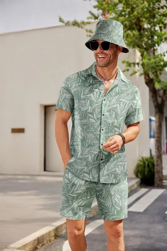 Miniatura 2 de COOFANDY Conjunto de camisa hawaiana y pantalón corto para hombre, traje de playa de 2 piezas con sombreros de pescador
