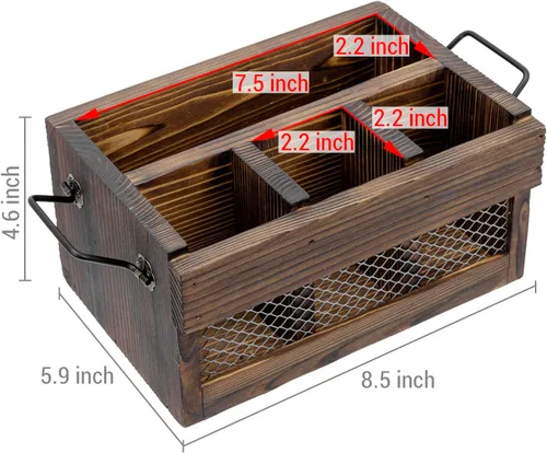 Miniatura 5 de MyGift Soporte para utensilios y servilletas de madera marrón rústico con asas de transporte de metal negro y panel frontal de alambre de pollo