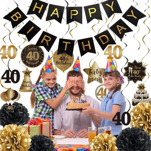 Miniatura 5 de BRT Bearingshui Juego de decoración de serpentinas colgantes de feliz cumpleaños número 40, pancarta de feliz cumpleaños con pompones de tela, negro