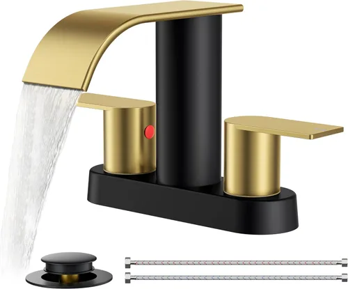 FORIOUS Grifos de baño negros y dorados, cascada de 4 pulgadas con drenaje desplegable de metal y manguera cUPC para lavabo, tocador, RV, pedestal