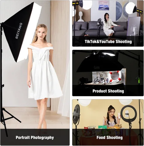 Miniatura 7 de BEIYANG Kit de iluminación Softbox, 2 x 20 x 28 pulgadas, caja suave para fotografía con 2 bombillas LED E27 de 85 W 6000 K, luces de estudio