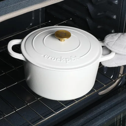 Miniatura 3 de Crock-Pot Artisan - Horno holandés redondo de 7 cuartos de galón, lino blanco mate con perilla dorada, utensilios de cocina de hierro fundido Blanco