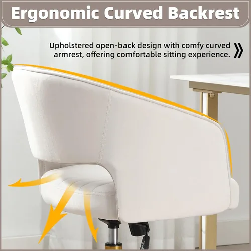 Miniatura 6 de ABET Silla de escritorio con ruedas, silla de terciopelo para oficina en casa, sillón giratorio con base dorada, sillas decorativas modernas Crema
