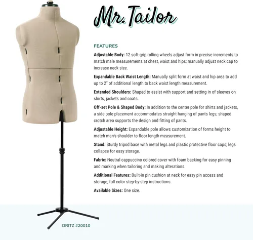 Miniatura 2 de Dritz Mr. Tailor - Forma de vestido ajustable para hombre, talla M a XL, maniquí de ropa masculina para costura, ajuste y drapeado, maniquí