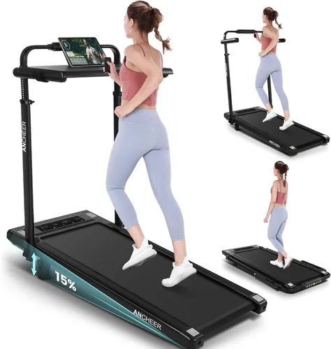 ANCHEER Cinta de correr con inclinación del 12%/15%, almohadilla plegable con barra de asa, capacidad de 320-450 libras debajo del escritorio, Rojo