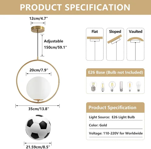 Miniatura 2 de KCO Lámpara colgante moderna de mediados de siglo con forma de globo grande, 1 luz de latón cepillado dorado colgante colgante de techo, lámpara
