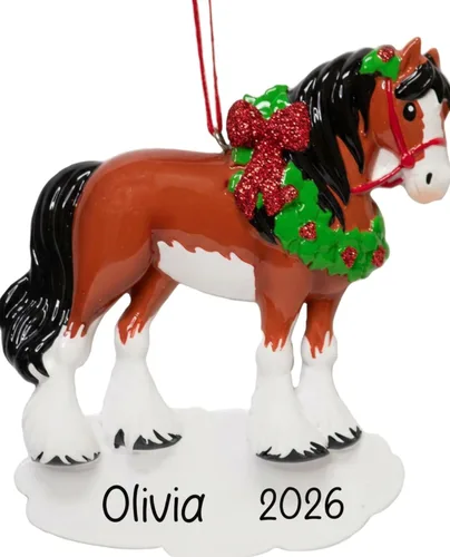 Adorno de Navidad personalizado de caballo 2025 – Personalización gratuita | Caballo marrón personalizado para árbol de Navidad – Regalo de jinete
