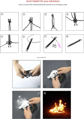Miniatura 6 de MansWill Pulsera de supervivencia ajustable 5 en 1, nuevo kit de pulsera deportiva de emergencia de 7 núcleos, brújula impermeable, silbato