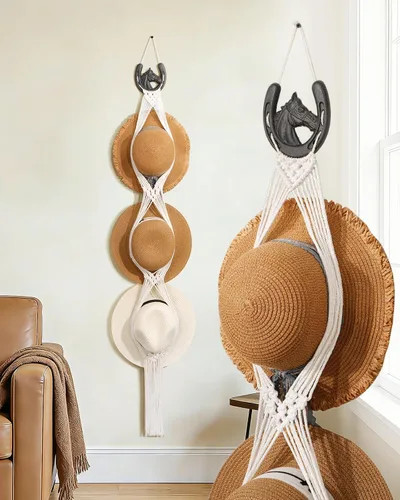 Miniatura 10 de Organizador de Sombreros de Macramé para Pared 15 Clips 31x53 Pulgadas Colgadores Grandes Exhibidor para Sombreros Fedora para Soporte de Sombreros