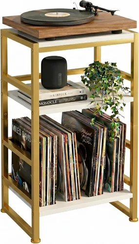 Miniatura 18 de Soporte para tocadiscos, mesa para tocadiscos de 3 niveles con almacenamiento de vinilo en forma de U hasta 120 álbumes, mesa auxiliar de 28 Cherry