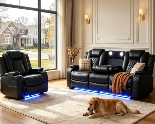 Miniatura 9 de Pon Living - Lujoso juego de sofá reclinable de cuero con LED, juego de sofá reclinable eléctrico, juegos de muebles de sala con portavasos/puerto