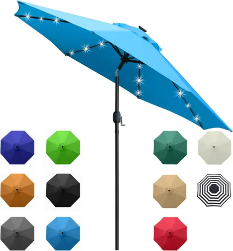 Miniatura 16 de Sunnyglade Sombrilla de patio con luz LED solar de 9 pies con 8 varillas/ajuste de inclinación y sistema de elevación de manivela (azul turquesa)