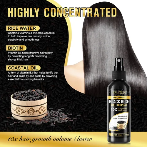 Miniatura 2 de Spray de agua de arroz negro orgánico para el crecimiento del cabello, una solución con aceite de ricino y extracto de raíz de jengibre para cabello
