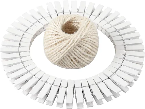 Miniatura 8 de HSTECH 100 piezas de mini pinzas de madera natural verde y 25 m de cuerda de yute, pinzas para ropa de bebé, pinzas de 3.5 cm para manualidades