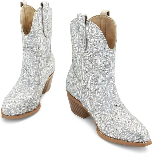 Miniatura 3 de SOVANYOU - Botas de cowboy con tachuelas para mujer, puntera en forma de almendra, tacón de bloque brillante, botas de vaquera con tachuelas